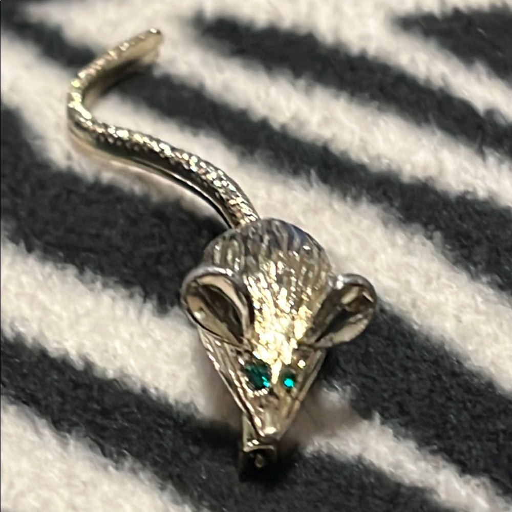 Silver Mouse Brooch with Green Eyes